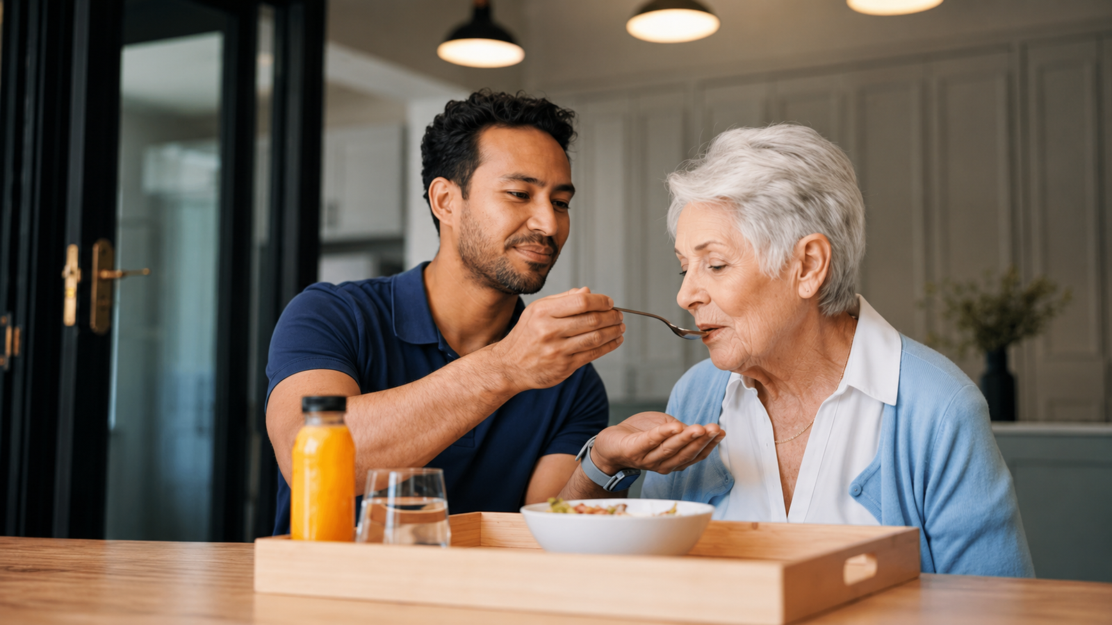 A TripleTrend Global caregiver helping a senior client with a meal at home